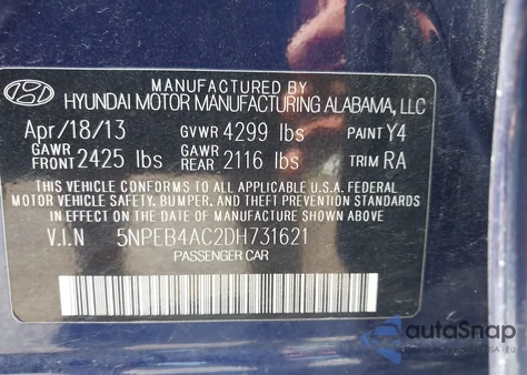 2013 Hyundai Sonata Gls из США, поврежденный, VIN 5NPEB4AC2DH731621